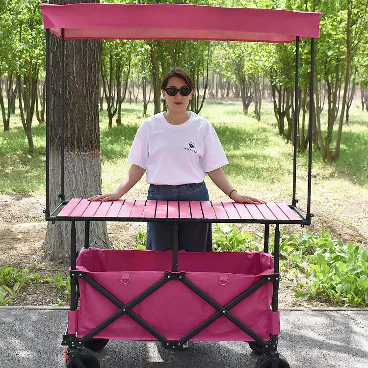 Foldable Four Wheel Outdoor Camping Stall Trolley with Height Adjustable Table Sunshade Roof for Shopping Storage OEM Available