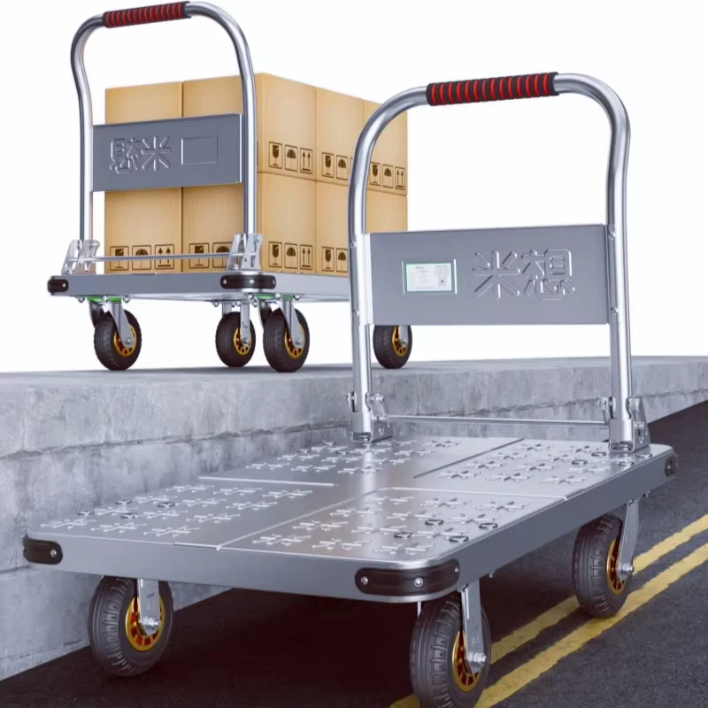 Foldable Handle 105*63cm Size Platform Hand Push Cart Metal Steel Four Wheel Heavy Duty Foldable Shopping Trolley