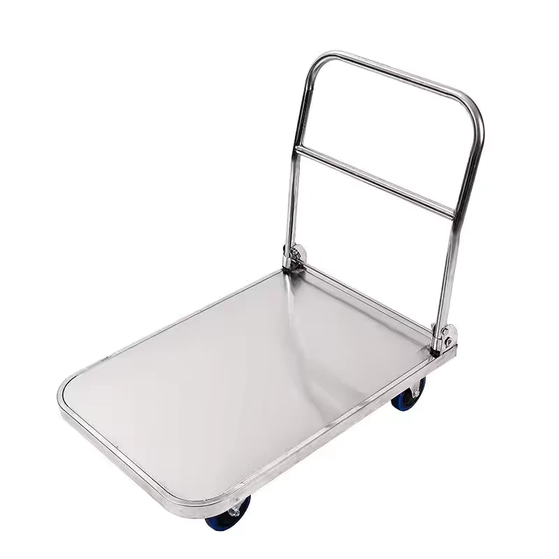 Foldable Handle Stainless Steel Platform Hand Truck Heavy Duty Warehouse Trolley for Hotel Supermarket Factory Goods Transport