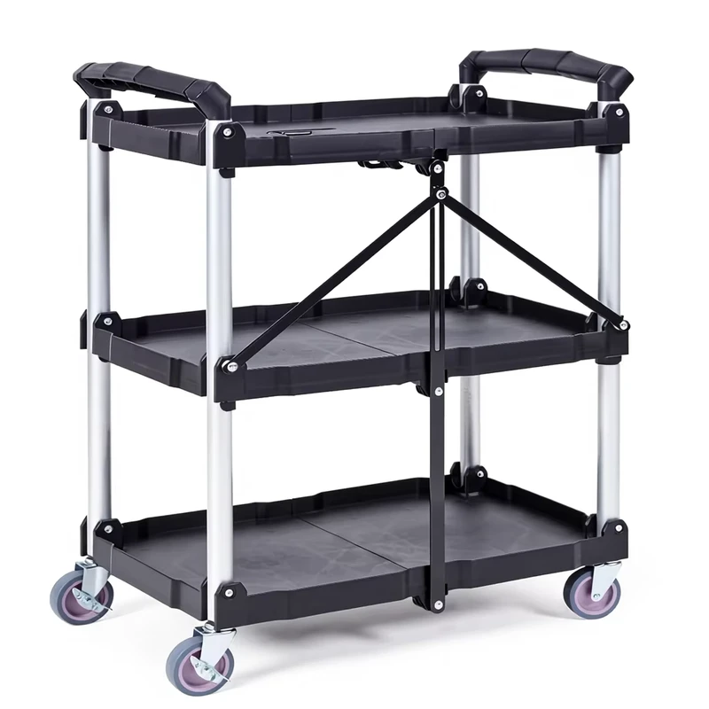 Foldable Heavy Duty Plastic Utility Service Cart 150 Lbs 3 Shelves 360 Swivel Wheels 2 Brakes Ergonomic Handle