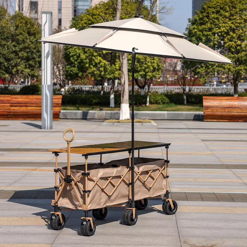 Foldable Heavy Duty Wagon Cart with Six Wheel Beach Wheels Large Capacity Camping Cart Detachable Umbrella OEM Support