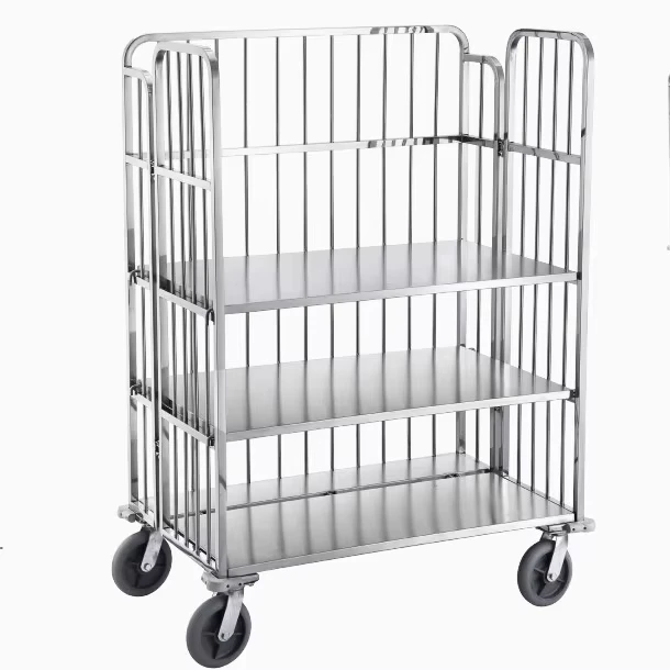 Foldable Hotel Housekeeping Laundry Linen Storage Cart Linen Cage Trolley Foldable Stainless Steel