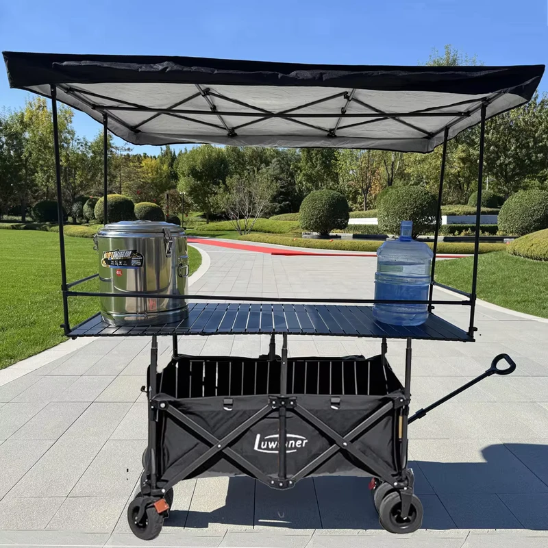 Foldable Large Outdoor Camping Cart with Liftable Table and Canopy Stall Trolley for Night Market Customizable