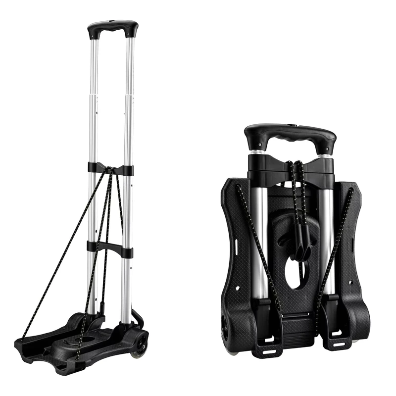 Foldable Lightweight Aluminum TPR Hand Truck Dolly Trolley Cart 88 LB Capacity Two Wheeled Wheels Moving Shopping Luggage Black
