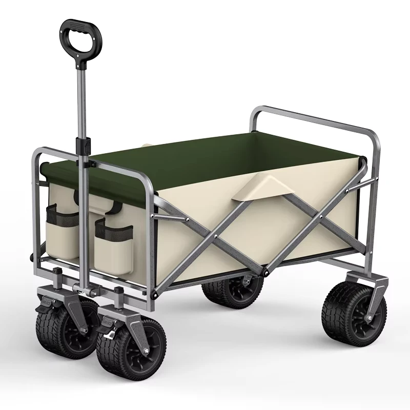 Foldable Metal Four Wheel Outdoor Storage Cart for Camping Picnic Portable Hand Pulled Trailer OEM Option