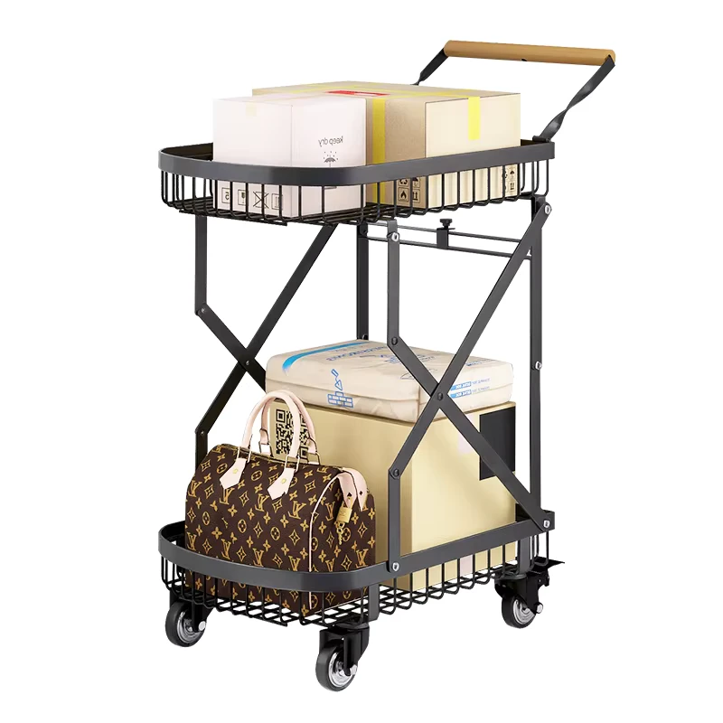 Foldable Metal Luxury Serving Cart with Storage Baskets for Household Snack Garage Tool Use Multi Purpose Trolley for Baggage