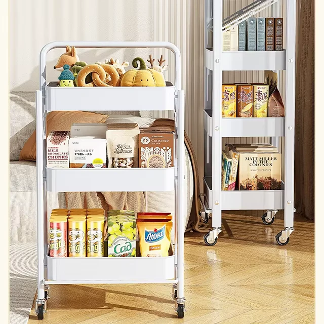 Foldable Metal Storage Rack Trolley Multi Layer Mobile Floor Standing for Snacks Organization for Kitchen Bathroom Living Room