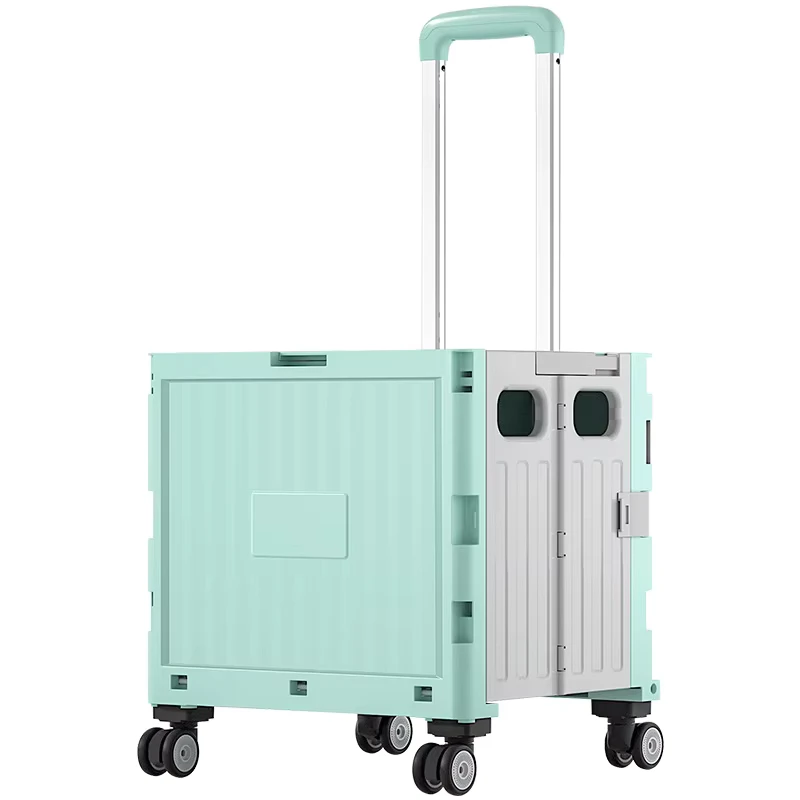 Foldable Plastic Shopping Trolley Cart 4 Wheels Movable Durable 40L Capacity Supermarket Storage