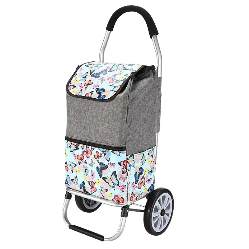 Foldable Polyester Aluminum Shopping Trolley Cart with Removable Printed Storage Bag Silent Wheels Grocery Luggage Cart