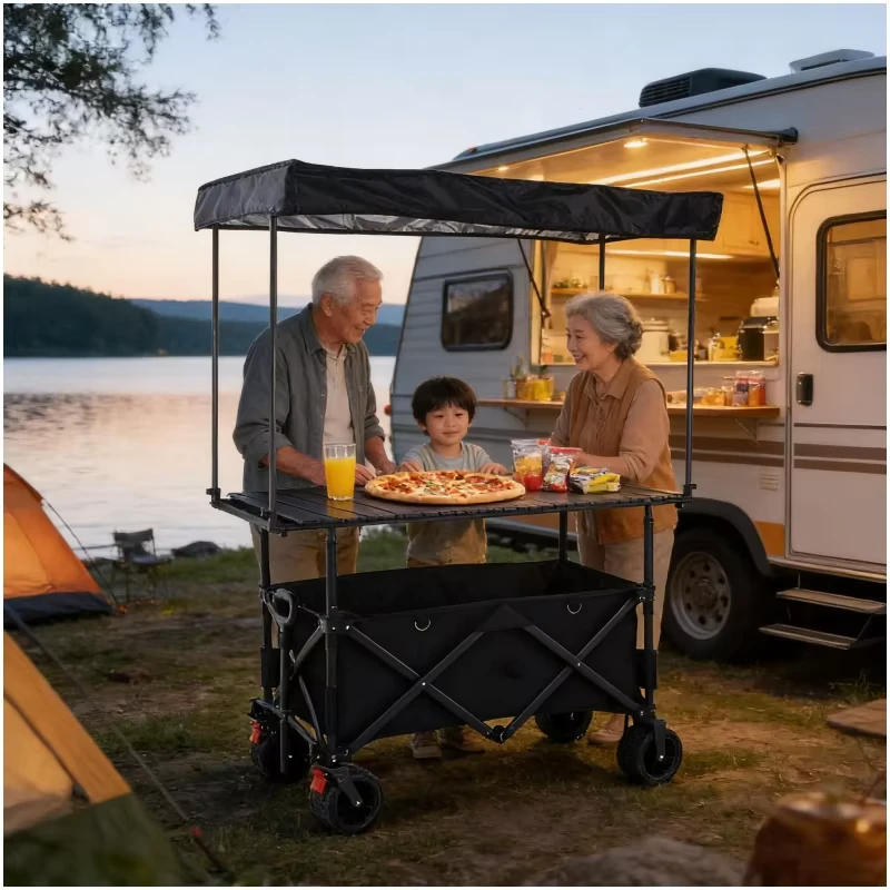 Foldable Portable Small Coffee Cart with Large Tabletop and Sunshade for Night Market Street Food Stalls and Storage