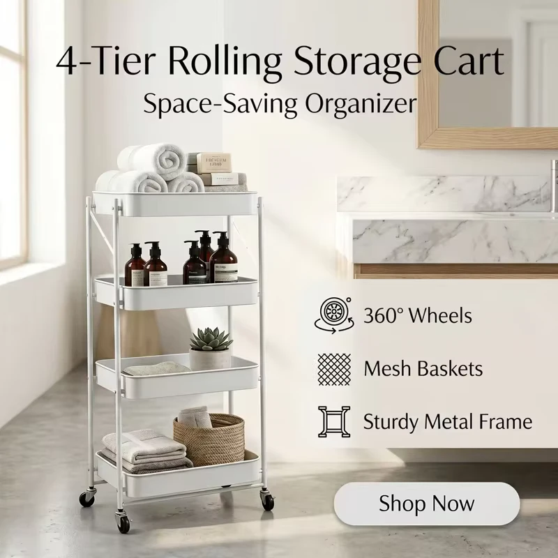 Foldable Rolling Storage Cart 3 Tier 4 Tier Carbon Steel Utility Trolley with Wheel Multiple Color Options Mobile Organizer Rack