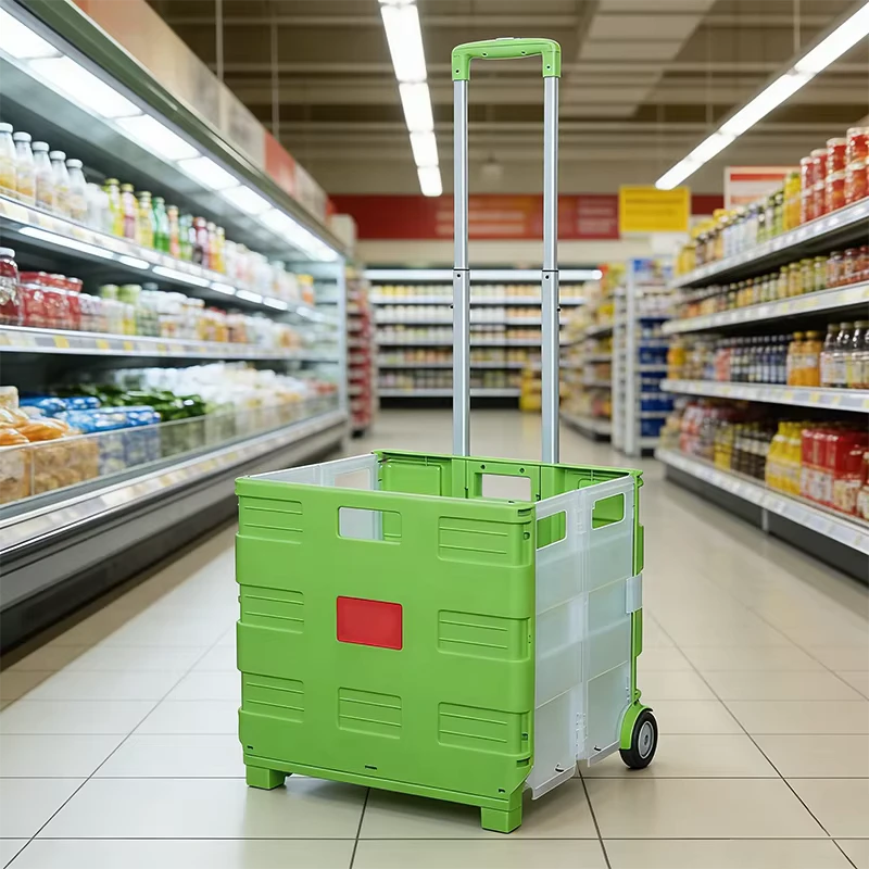 Foldable Rolling Utility Cart with Telescopic Handle Collapsible Plastic Shopping Crate for Grocery Storage Rolling Cart