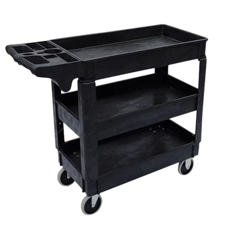 Foldable Service Cart Heavy Duty Industrial Warehouse 3 Layer PP Shelf Four Rolling Wheels Hand Push Handle