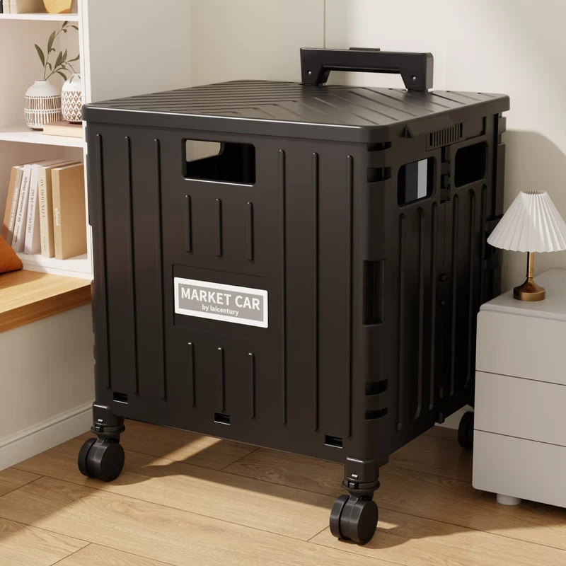 Foldable Shopping Cart with Large Capacity Food Container Eco Friendly Plastic Kitchen Trolley on Wheels for Home Organization