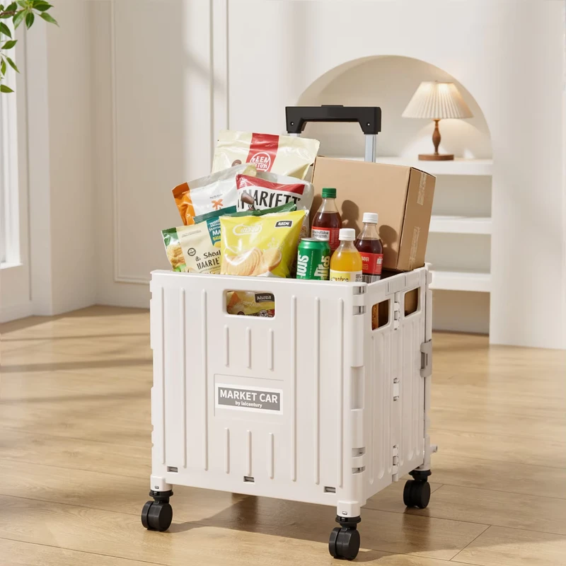 Foldable Shopping Cart with Large Capacity Storage Box Plastic Kitchen Products Trolley on Wheels Home Organization
