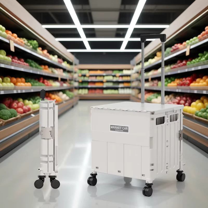 Foldable Shopping Trolley 4 Wheels PP Plastic Basket with Handle for Grocery Delivery Kitchen Storage