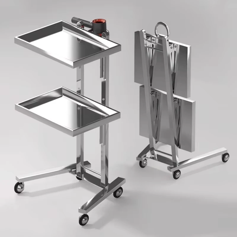 Foldable Stainless Steel Barber Hairdressing Makeup Folding Cart Beauty Tool Hand Carts Salon Trolleys With Wheels