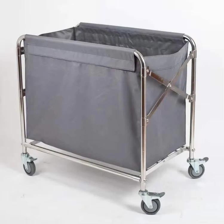 Foldable Stainless Steel Open Top Linen Cart Dry Wet Separation Hand Pushed Universal Wheels for Hotel Rooms Laundry Cleaning