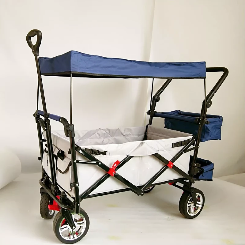 Foldable Trolley Push Pull Wagon Stroller Wagon Folding Wagon With Roof Canopy for Kids