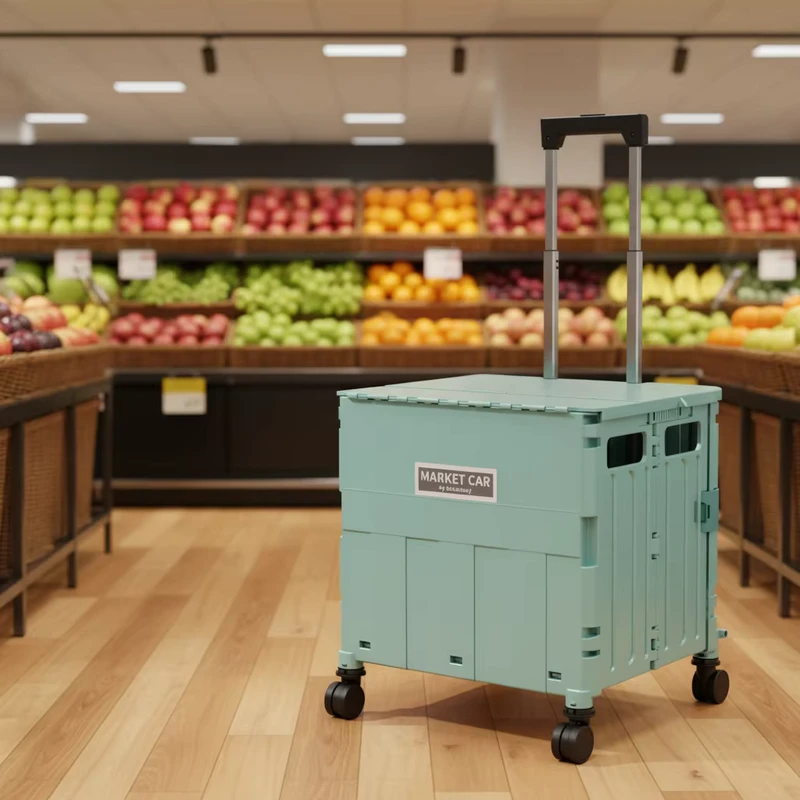 Foldable Utility Cart 4 Wheels PP Container with Handle for Shopping Grocery Home Garden Storage