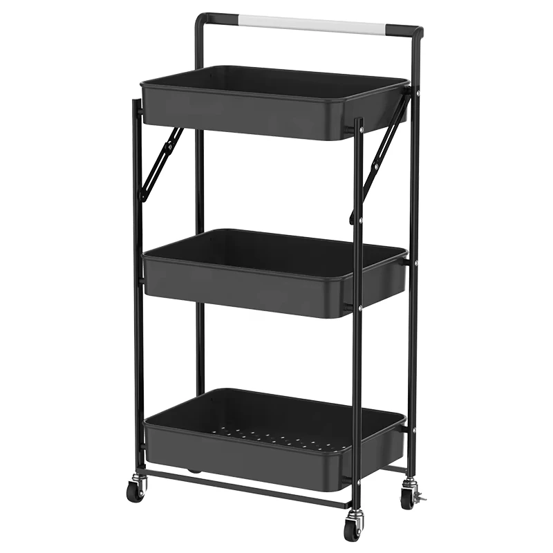 Folding 3 Tier Rolling Utility Storage Cart Easy Assemble Storage Trolley for Kitchen Bathroom Living Room