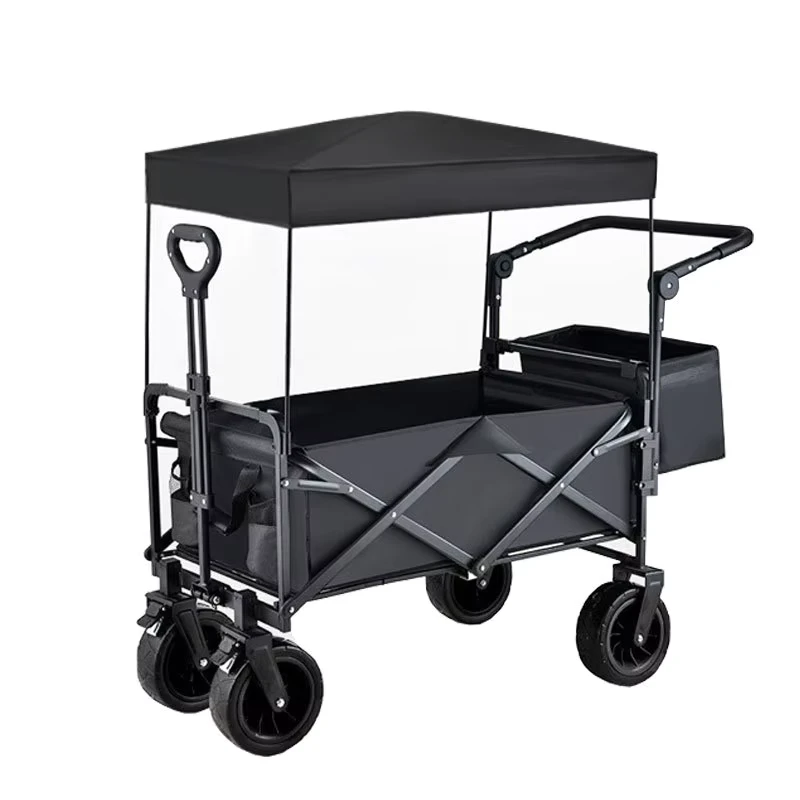 Folding Adjustable Metal Hand Cart Canopy Four-Wheel Pet Cart Outdoor Campsite Camping Kids-Pulling Rear-Opening Trailer Black