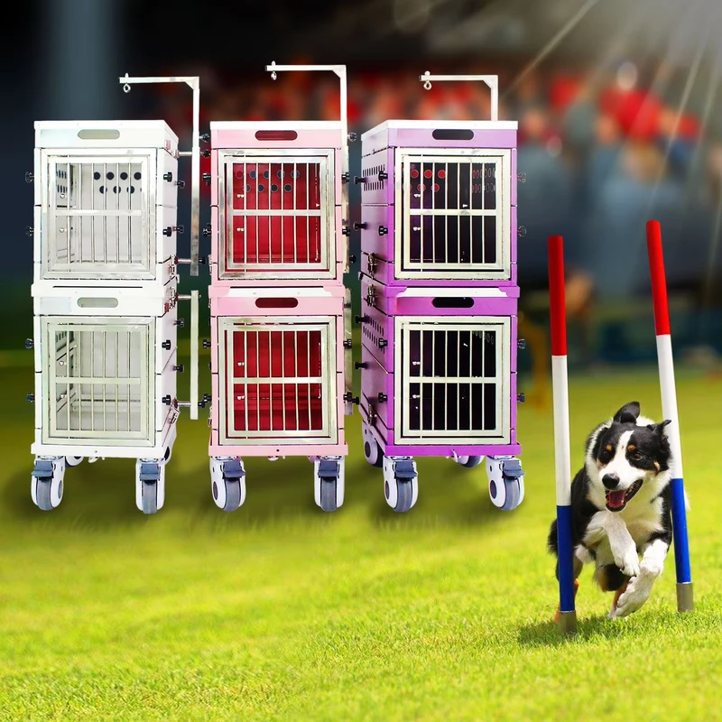 Folding Aluminum Four Wheel Dog Show Trolley Cage Two Berth Double Decker Stacking Grooming Table Arm Airline Approved Portable