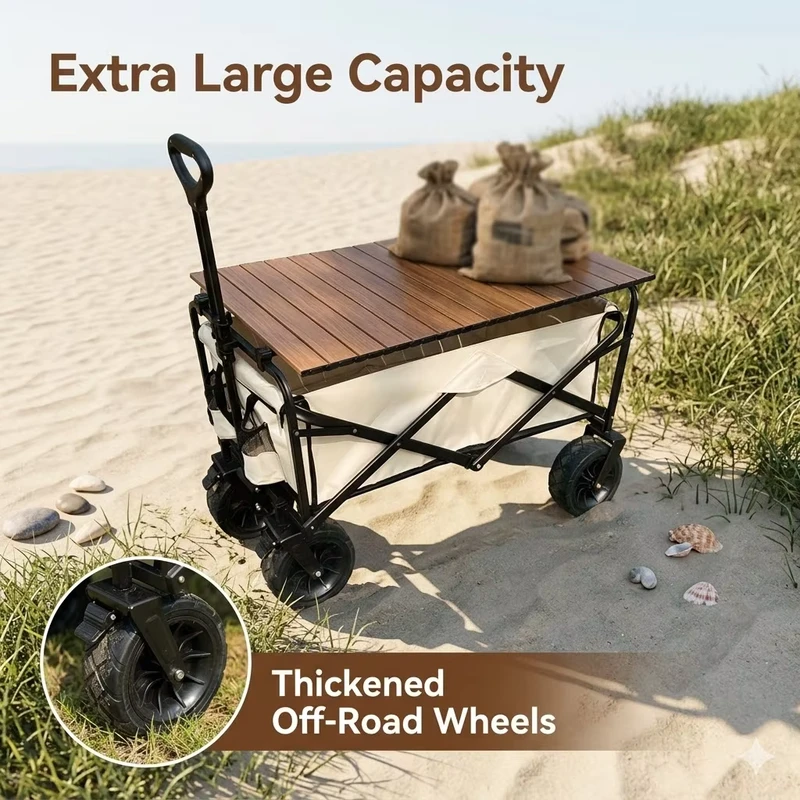 Folding Camping Wagon with Removable Wood Table Top Heavy Duty Outdoor Picnic Cart All Terrain Beach Utility Trolley