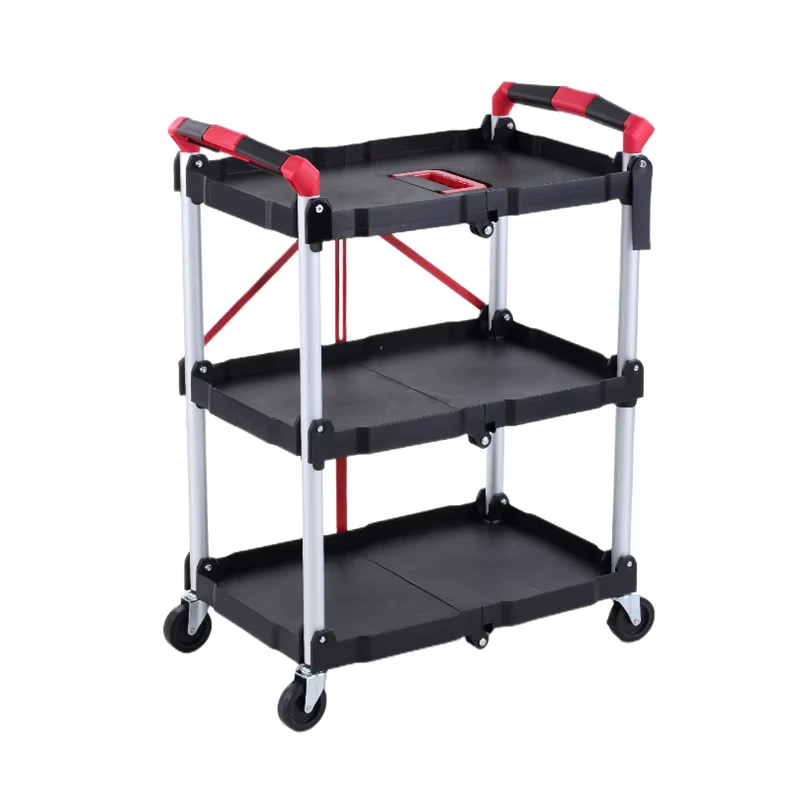 Folding Collapsible Service Cart Black 3 Tier Metal Frame Rolling Cart 360 Swivel Wheels Foldable Trolley Cart for Restaurant