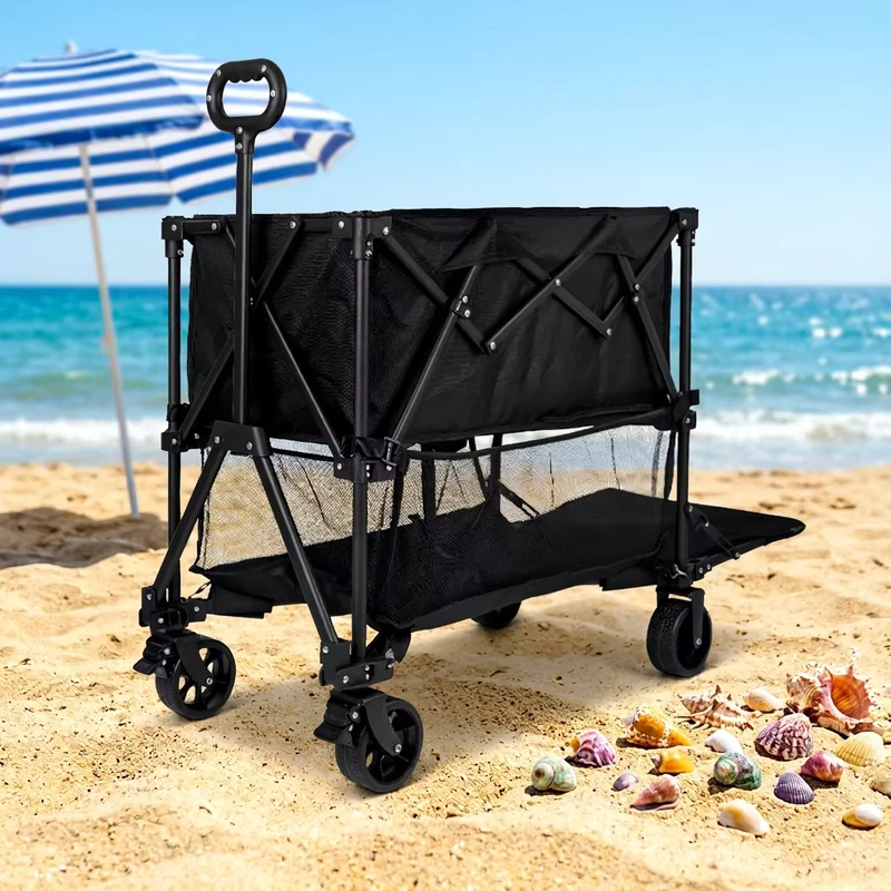 Folding Double Decker Wagon Heavy Duty Collapsible Wagon Cart with Lower Decker All Terrain Big Wheels for Camping Fishing