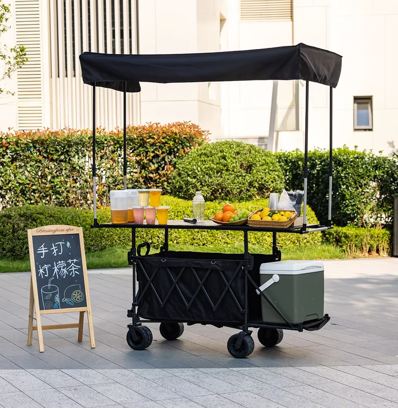Folding Food Wagon Cart with Portable Foldable Table Umbrella OEM Customized Shopping Vendor Wagon Trolley with Awning