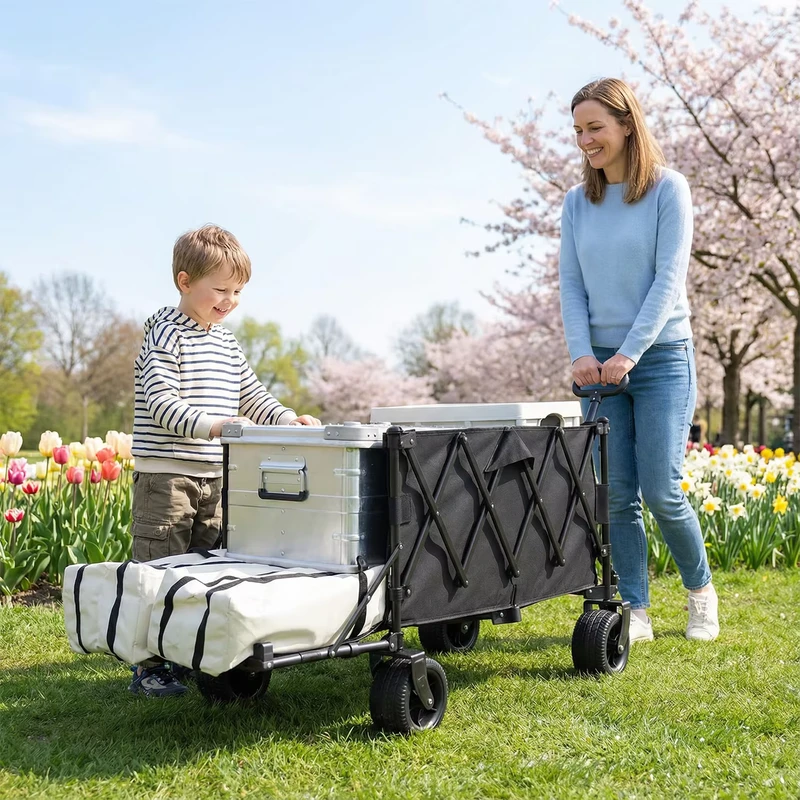 Folding Four Wheel Camp Cart Portable Medium Carbon Steel for Camping Outdoor Picnic & Grocery Shopping Stall Pulling
