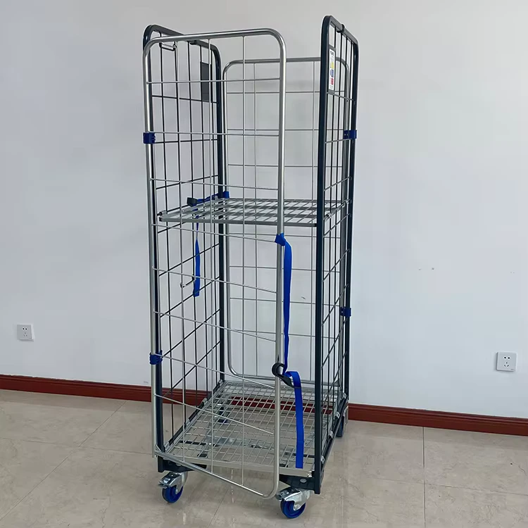 Folding Galvanized Metal Warehouse Four Castor Wheel Industrial Storage Transport Cargo Cage Trolley Cart