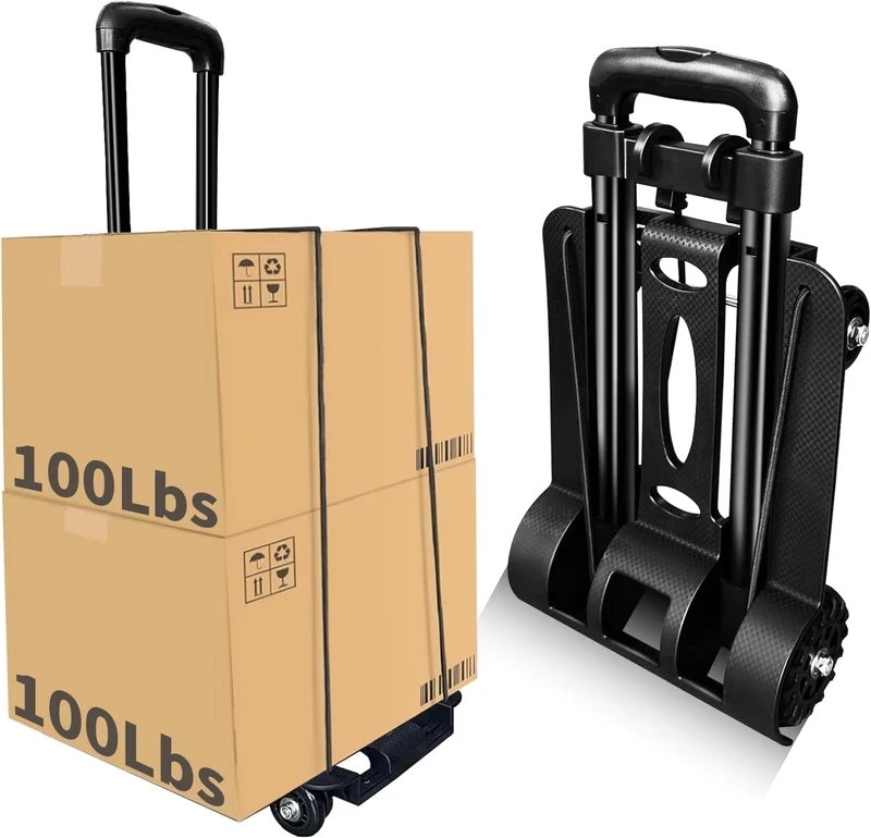 Folding Hand Truck 4 Wheel Lightweight Metal+Plastic Trolley Utility Cart Heavy Duty Luggage Cart Moving Airport Travel Shopping