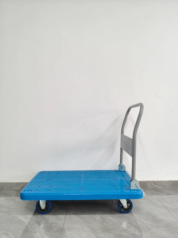 Folding Handle Plastic Platform Trolley Heavy Duty Silent Wheel Flat Hand Cart for Warehouse Logistics Transport