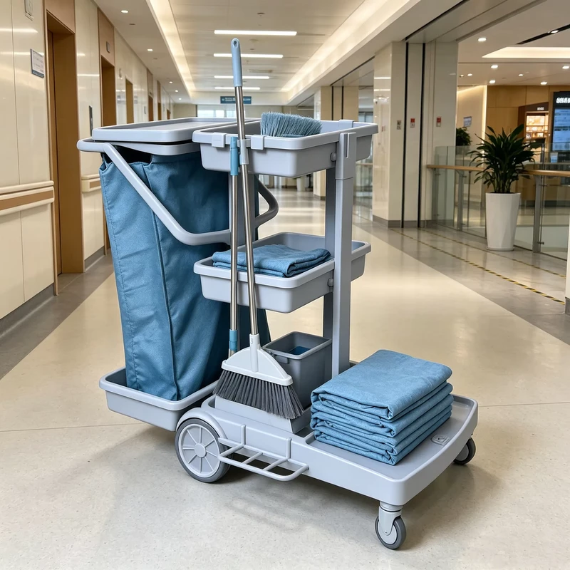 Folding Janitorial Trolley in Plastic Supplies Factory Plastic Cleaning Trolley Cart with Nylon Rubbish Bag for Hotel Restaurant