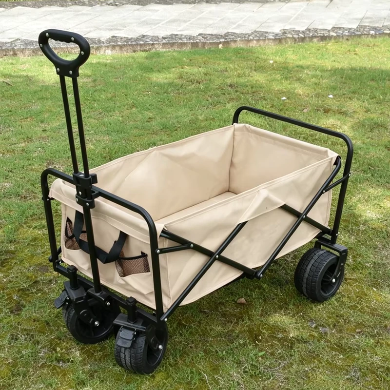 Folding Picnic Camping Wagon Camping Cart Trail Folding Beach Trolley Wagon Camp Cart with Wide Wheels Parking Brake 100kgs