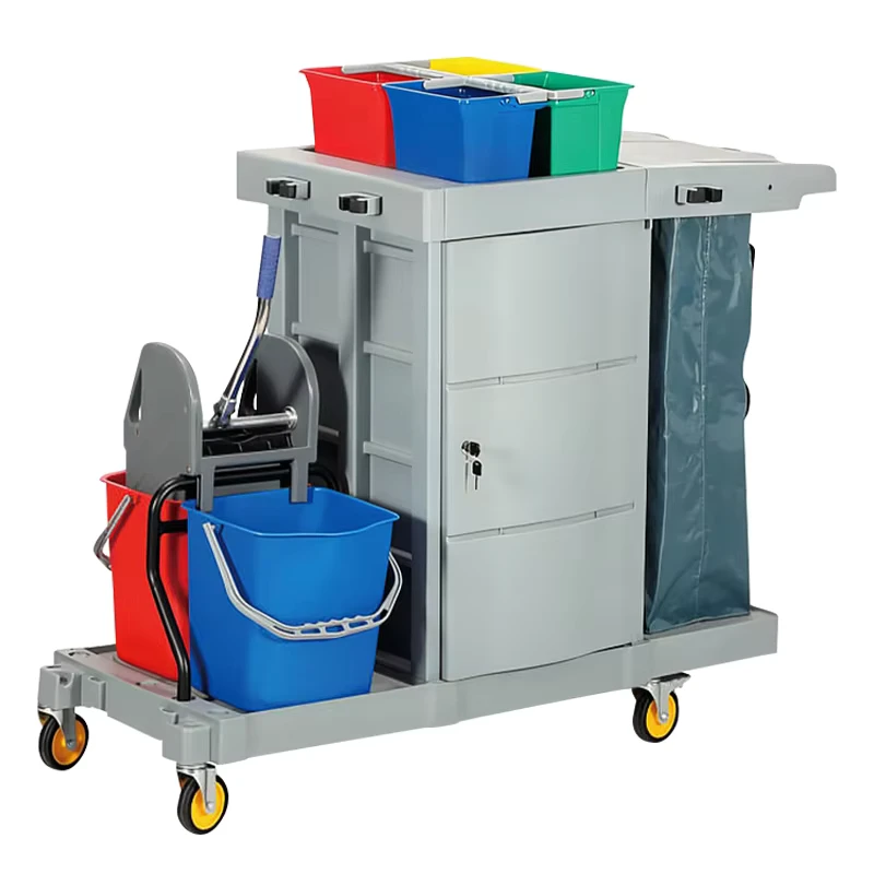 Folding Plastic 4 Wheel 400 lb Capacity Partially Enclosed Hotel Cleaning Janitorial Cart for Maid Service Chariot De Nettoyage