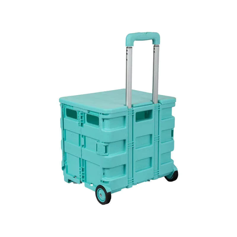 Folding Plastic Service Utility Cart Shopping Hand Trolleys with Telescopic Handle and Lid