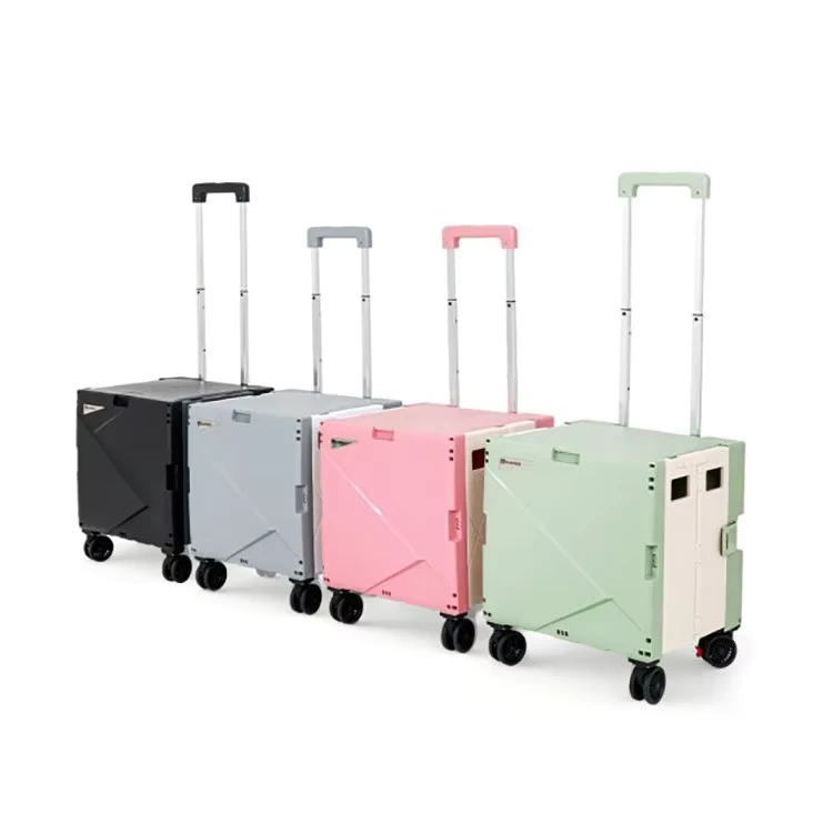 Folding Plastic Utility Cart Portable Rolling Crate Handcart Shopping Trolley Collapsible Tool Box with Lid 6-10L