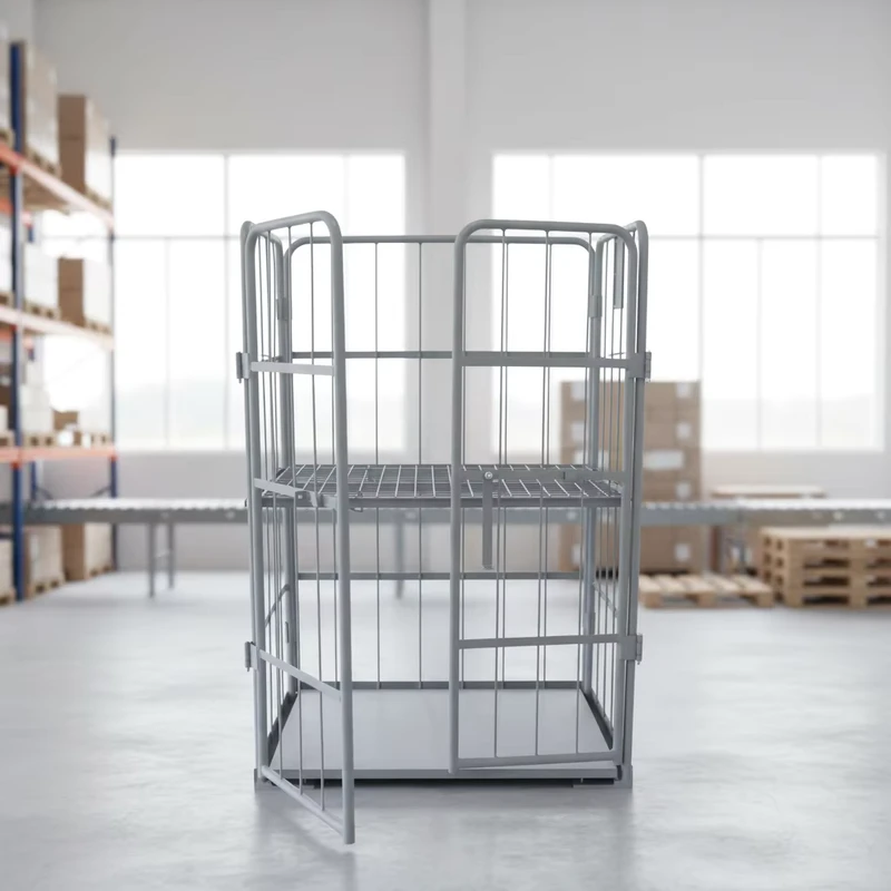 Folding Roll Cage Cart with Plastic Base and Metal Mesh Sides for Clean Room and Supermarket Logistics