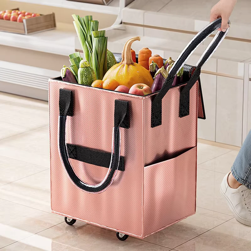Folding Shopping Cart with Storage Bag Multi functional Household Trolley Collapsible Grocery Cart for Kitchen Laundry