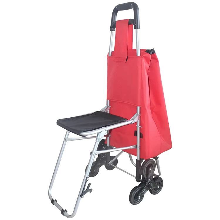Folding Shopping Carts Trolley Bag with 6 Wheel Chair Old Women Shopping Trolley Bag with Chair