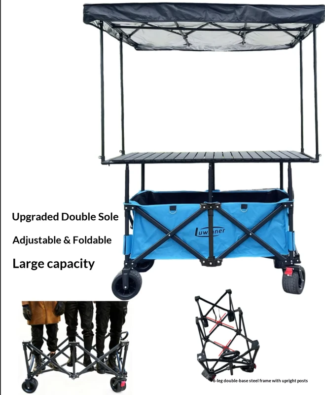 Folding Stainless Steel Camping Trolley with Sunshade Four-Wheel Design OEM Customizable for Camping & Street Vending Storage
