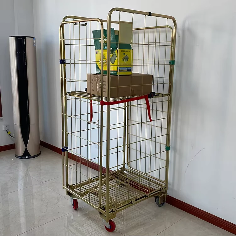Folding Steel Metal Rolling Cargo Wire Mesh Trolley Cage for Supermarket Storage Galvanized Roll Container