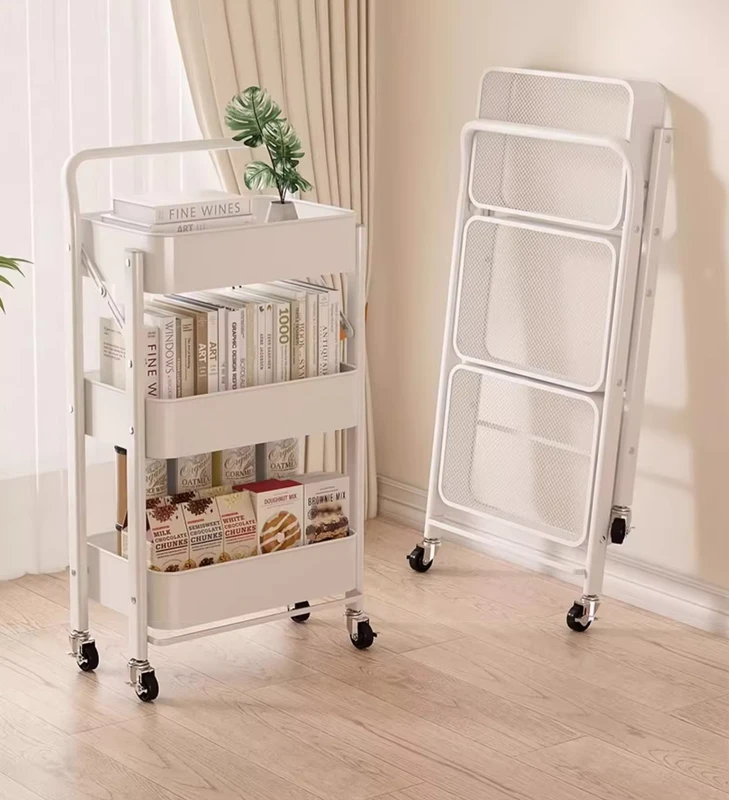 Folding Storage Rack Multi Layer Metal Mobile Shelves Multifunctional Household Trolley Kitchen Floor Standing Organizer Cart