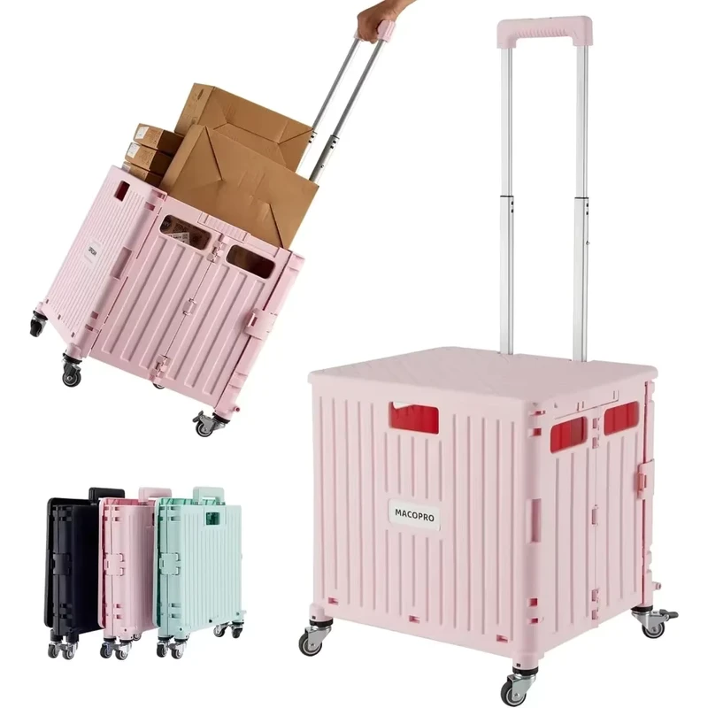 Folding Utility Cart Portable Rolling Crate Handcart Shopping Trolley Collapsible Tool Box with Lid Basket on 4 Rotate Wheels