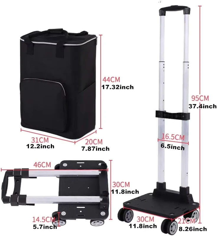 Folding Utility Shopping Cart Rolling Hand Truck with Rotate 4 Wheels Removable Waterproof Bag for Grocery Laundry Travel Office