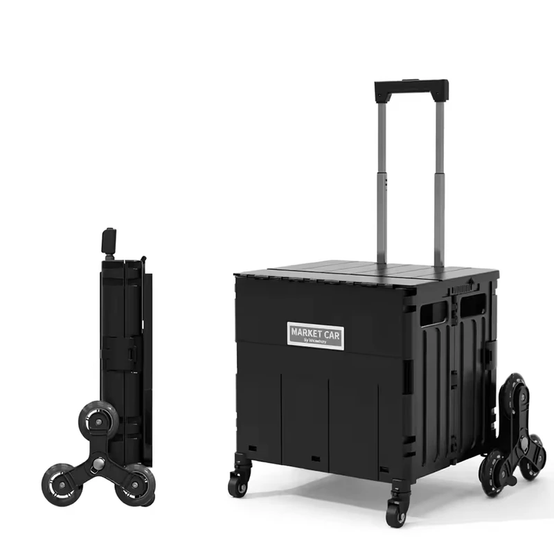 Folding Utility Trolley 8 Climbing Casters PP Plastic Basket 45L Capacity Eco Friendly Food Container for Grocery Shopping