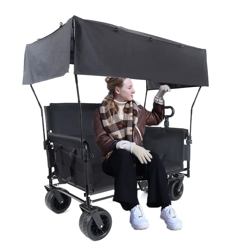Folding Wagon Outdoor Portable With Large Canopy and Durable Construction Ideal for Camping and Beach Outings